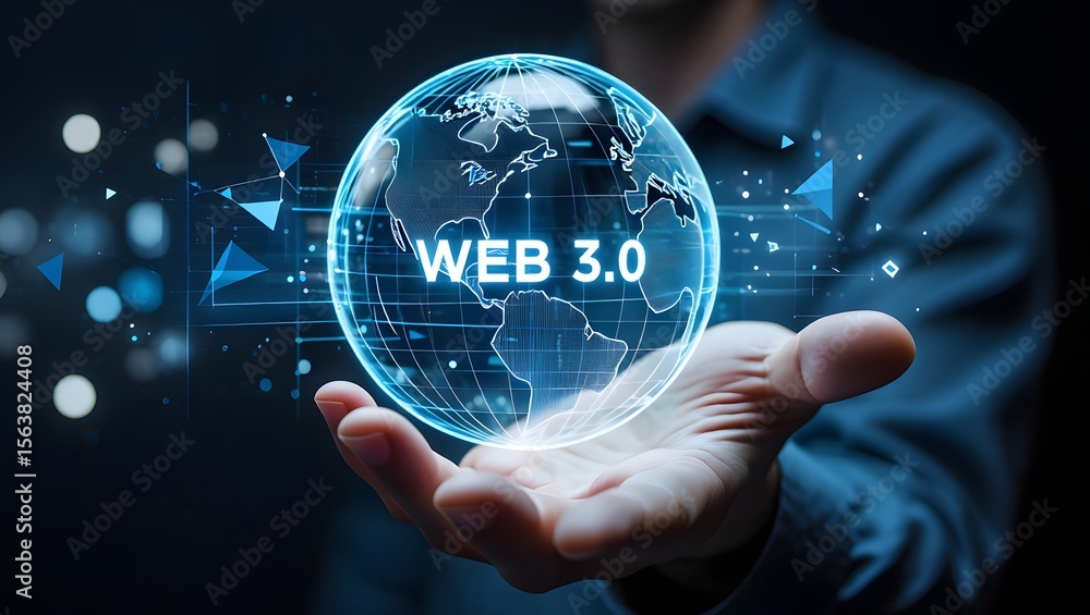 Poster web 3.0 concept image with businessman hand show web 3.0 with globe. technology global network, bloc