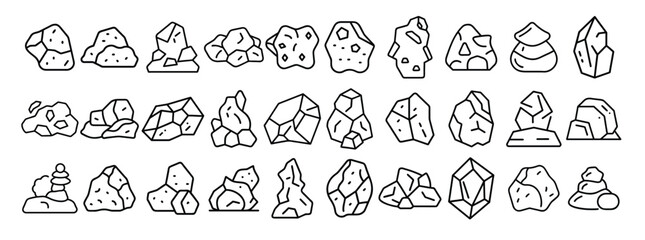 Rocks, minerals, crystals, geology, stones – thin line web icon set. Outline icons collection. Simple vector illustration.