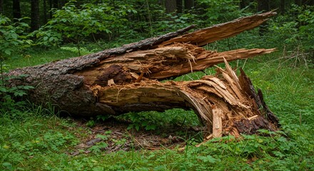 Obraz premium Fallen tree trunk broken in forest environment