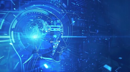 Abstract futuristic digital background with blue color, hologram head of artificial intelligence, and cyber elements for a technology concept.