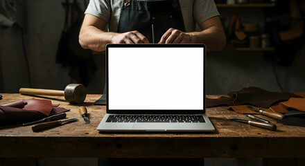 Craftsman using laptop in workshop blank screen leatherwork tools mockup artisan handmade small business online store e commerce website design