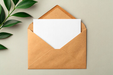 Blank White Card in Brown Envelope with Green Leaf