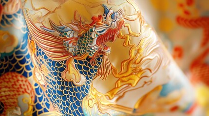Ornate dragon fabric close-up
