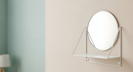 Round Mirror with Shelf Hangs on Wall with Pastel Colors in Minimalist Style