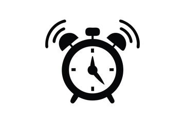 Urgent Time Management Concept: Black and White Alarm Clock Icon, Ringing Bells, Minimalist Style, Flat Design, Punctuality, Deadline, Efficiency, Wake Up Call, Time is Money, Business, Productivity, 