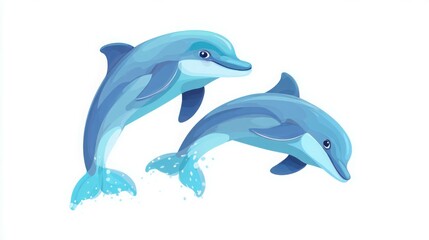 Fototapeta premium Cute Flat Blue Dolphins Jumping – Cartoon Vector Illustration