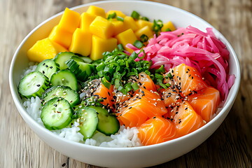 Sushi bowl with rice cucumber and mango slices