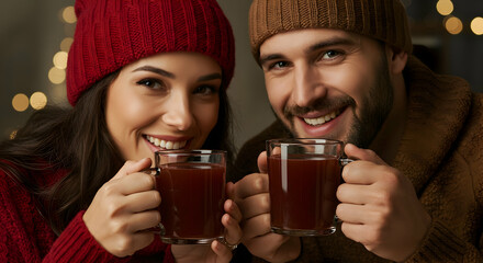 Cozy winter couple enjoying warm drinks together happy holidays cheerful festive season
