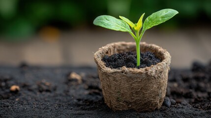 New Beginnings: Seedling Sprouting in Compostable Pot

