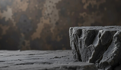 A dark grey stone platform sits on a textured surface against a mottled dark background. Provides a rustic, minimalist display for product photography or graphic design.