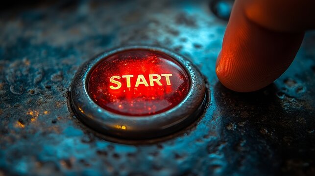 Finger poised above a glowing start button, symbolizing the beginning of a new journey in technology and creativity