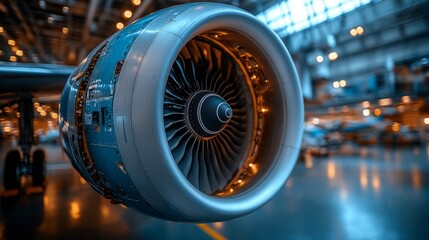 Experience the beauty of aviation as the powerful turbine reveals its complex design in a bright hangar setting