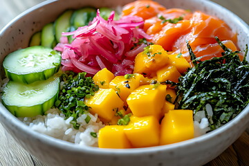 Sushi bowl with rice cucumber and mango slices