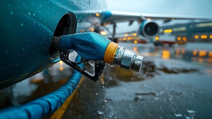 A fuel nozzle connects to an aircraft at sunrise, illustrating meticulous aviation refueling amidst morning mist