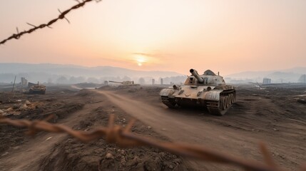 Fototapeta premium Destroyed Tanks in Smoky Battlefield at Dawn