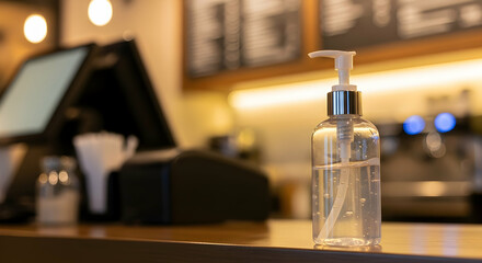 Hand Sanitizer Sits on Countertop at Cafe, Promoting Hygiene and Health Safety