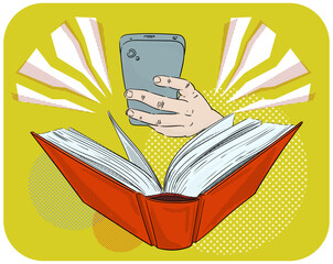 Vector illustration of the hand holding a grey smartphone above an open book with a reddish-brown cover on the yellow-green background with abstract elements around.
