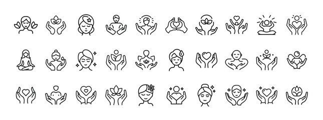 Wellness, Spa, Meditation, and Relaxation Icon Set – Thin Line Vector Collection. Outline Icons for Self-Care, Yoga, and Healing Concepts.