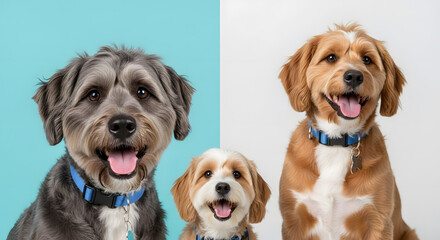 Fototapeta premium Three happy dogs of different breeds wearing collars, posing against a split blue and white background.