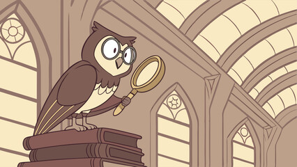 Cartoon Owl Detective in Library