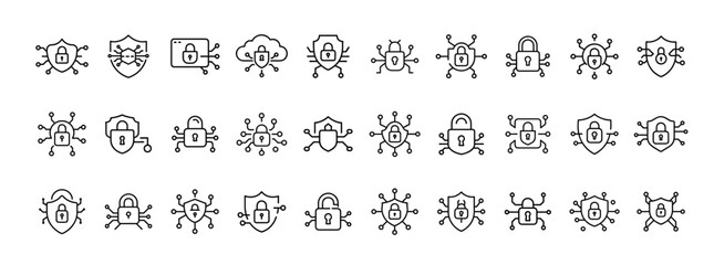 Cybersecurity, malware, bug alert, virus attack, data breach, computer protection, system lock, firewall, hacking threat, online safety – thin line web icon set. Outline icons collection.