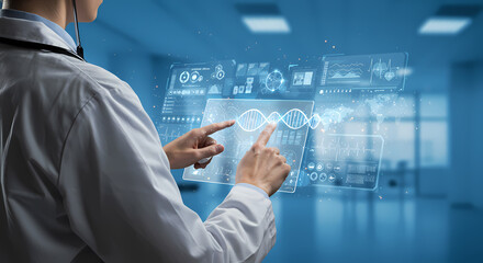 A doctor interacts with a holographic display showing medical data in a modern clinic setting.
