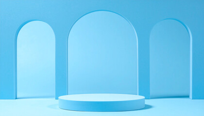 Empty podium display with arches. Minimalist pedestal design. Stage for product presentation.