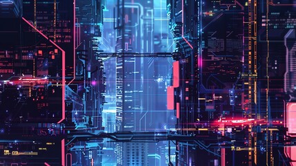A futuristic cityscape with neon lights and holographic elements, showcasing advanced technology in an urban setting.