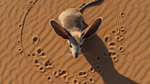 Agile Jerboa: Desert Dweller Navigating Sandy Circle, Footprints in Golden Light
