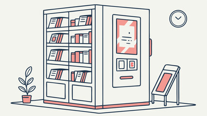 Automated Book Lending Station: Modern Library Illustration