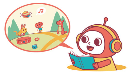 Robot Child Reading Fantasy Storybook Illustration