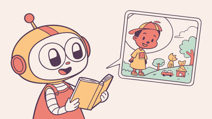 Robot Reading Storybook with Child Illustration