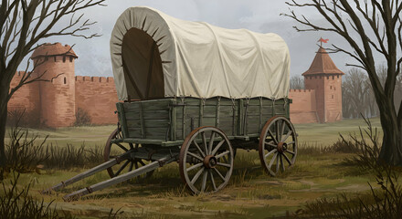 Vintage Covered Wagon in front of medieval castle walls autumn landscape