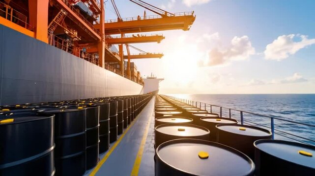 Cargo ship deck with oil barrels at sea