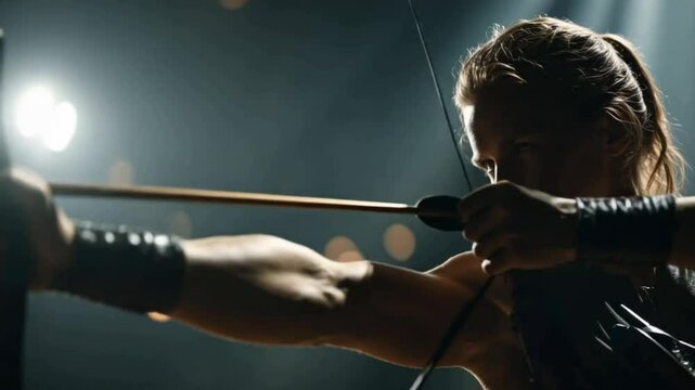A focused archer draws back an arrow in a dimly lit setting, highlighting their intense concentration and strength.