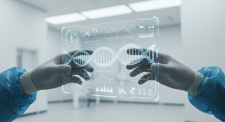 Hands in surgical attire holding a glowing holographic DNA strand in a sterile environment.