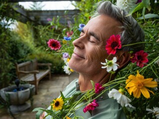 Naklejka premium Serene man relaxing amidst colorful garden blooms with eyes closed
