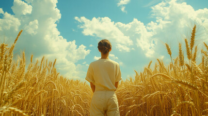 Back view of a person standing in a vast golden wheat field under a bright pastel sky. Soft light bathes the scene, evoking peace, freedom, and connection with nature. Caption space on the side.

