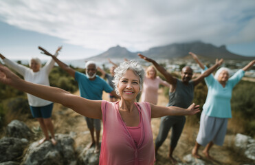 Vitalidad y alegría mientras las personas mayores disfrutan del bienestar al aire libre. Un grupo feliz de adultos mayores se ejercita al aire libre con los brazos extendidos.