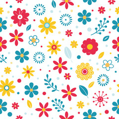 Colorful floral pattern with various flowers, leaves, and dots on white background