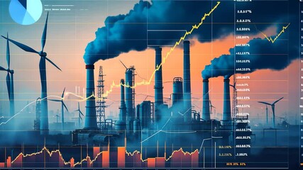 Industrial Factory Emissions with Smoke Stacks and Graph Charts Overlayed beside Wind Turbines during Sunset

 - Powered by Adobe