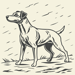 Isolated black silhouette cartoon vector illustration of a standing farm animal dog