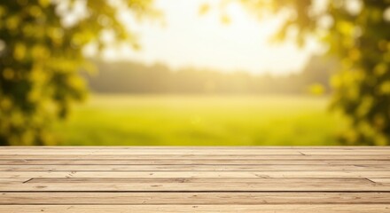 Fototapeta premium Tranquil summer background with wooden table and blurred greenery in sunlight