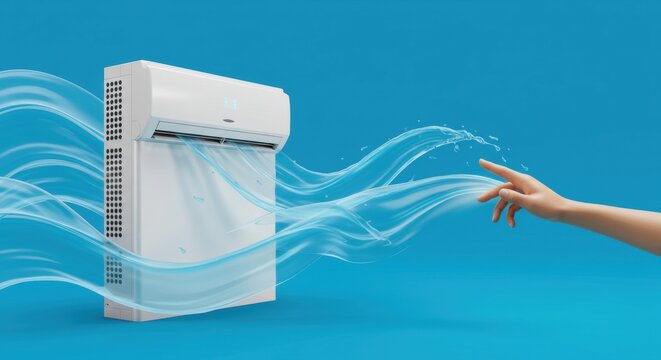 Hand reaching towards air conditioning unit with cool breeze on blue background