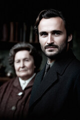 Obraz premium Striking portrait of a man with an older woman in the background. Evokes a sense of history, family, and legacy. Perfect for projects needing a timeless, classic feel.
