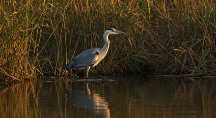 Great gray heron stalking prey in shallow water