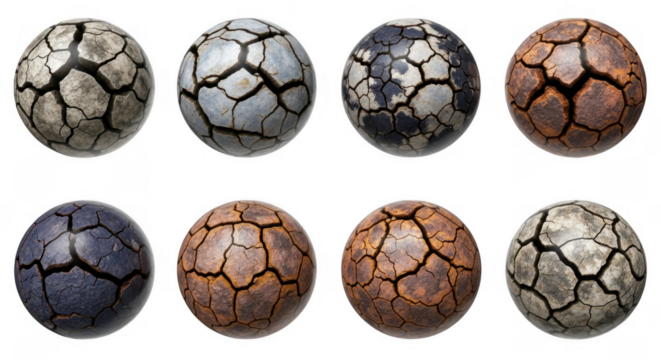 A Collection of Eight Textured Spheres with Cracked Surfaces in Various Earthy Tones, isolated on a transparent background