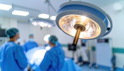 Surgical operating room shows the light fixture above the surgeons dressed in blue scrubs and wearing medical masks for