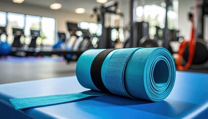 Rolled blue yoga mat rests on a blue bench in a fitness center setting with exercise equipment visible in the background