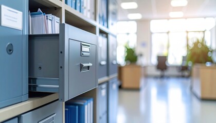 Open file cabinet drawer with hanging files inside set against a blurred office background with a bright window and desk